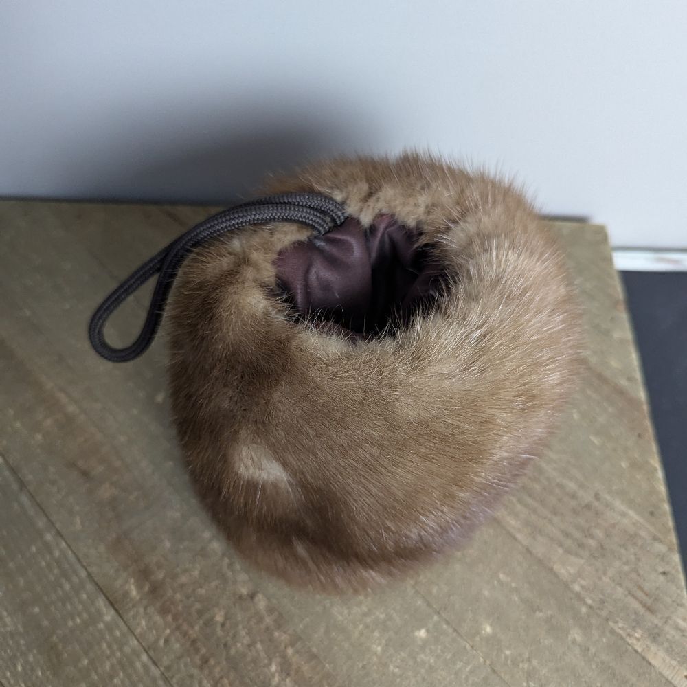 Vintage real fur hand warmer with zip pouch brown muff